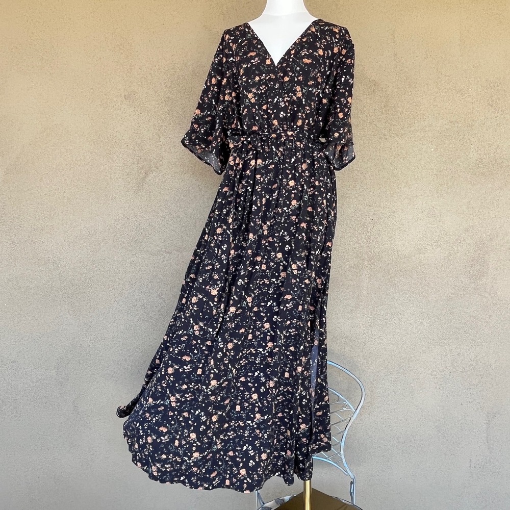 SHEIN Curve Womens 4XL Black Floral V-Neck Butterfly Sleeve Maxi Dress with Belt